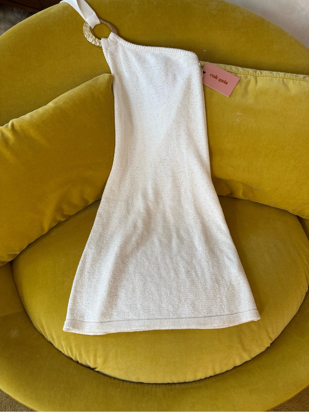 Cult Gaia NWT knit white/cream one shoulder dress with gold ring